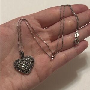 Sterling Silver 925 Marcasite Heart Pendant Necklace